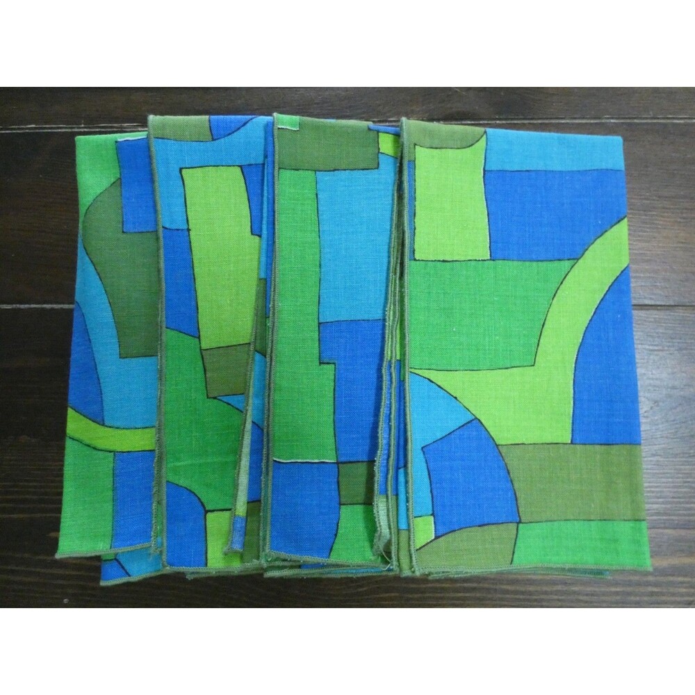VTG Unbranded Abstract Geometric Print Cloth Napkins Green Blue Mod 16.5"x16"